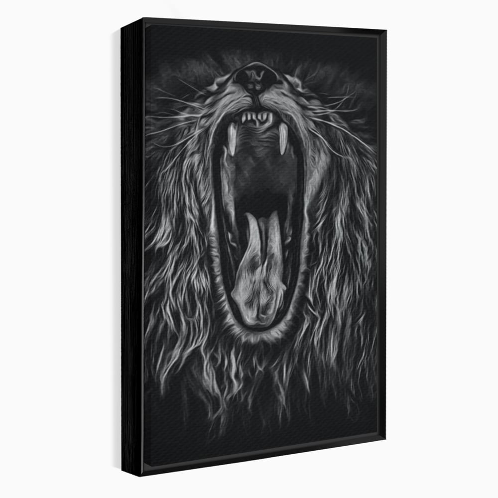 Tablou Canvas cu Leu Care Raguseste, Alb si Negru, M1385